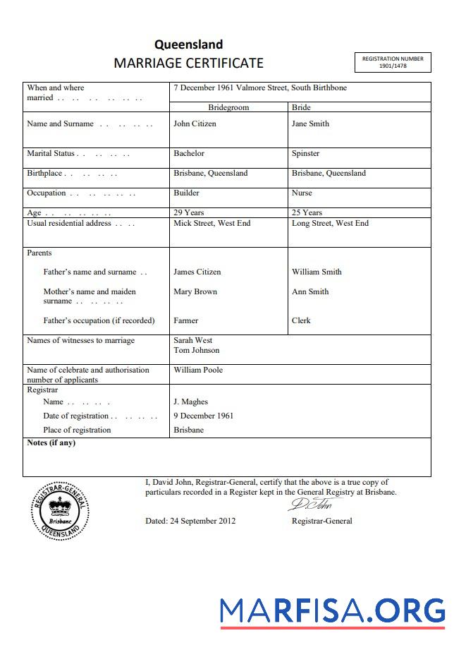 Realistic Australia Queensland marriage certificate template in Word